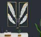 DSH CRAFTING YOUR CURIOSITY Wall Decor Metal Wall Art Gold White Feather Wall Hanging Sculpture (Set of-2) For Living Room, Bedroom, Farm House, Hall, Dining Hall.