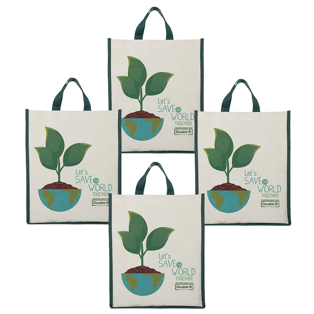 DOUBLE R BAGS Unisex Eco-Friendly Reusable Cotton Canvas Casual Bag with Reinforced Handles (Let Save, 40.6x35x10 cm) | Multi-Purpose Grocery, Kitchen Essentials, Fruits & Veggies Bag | Pack of 4