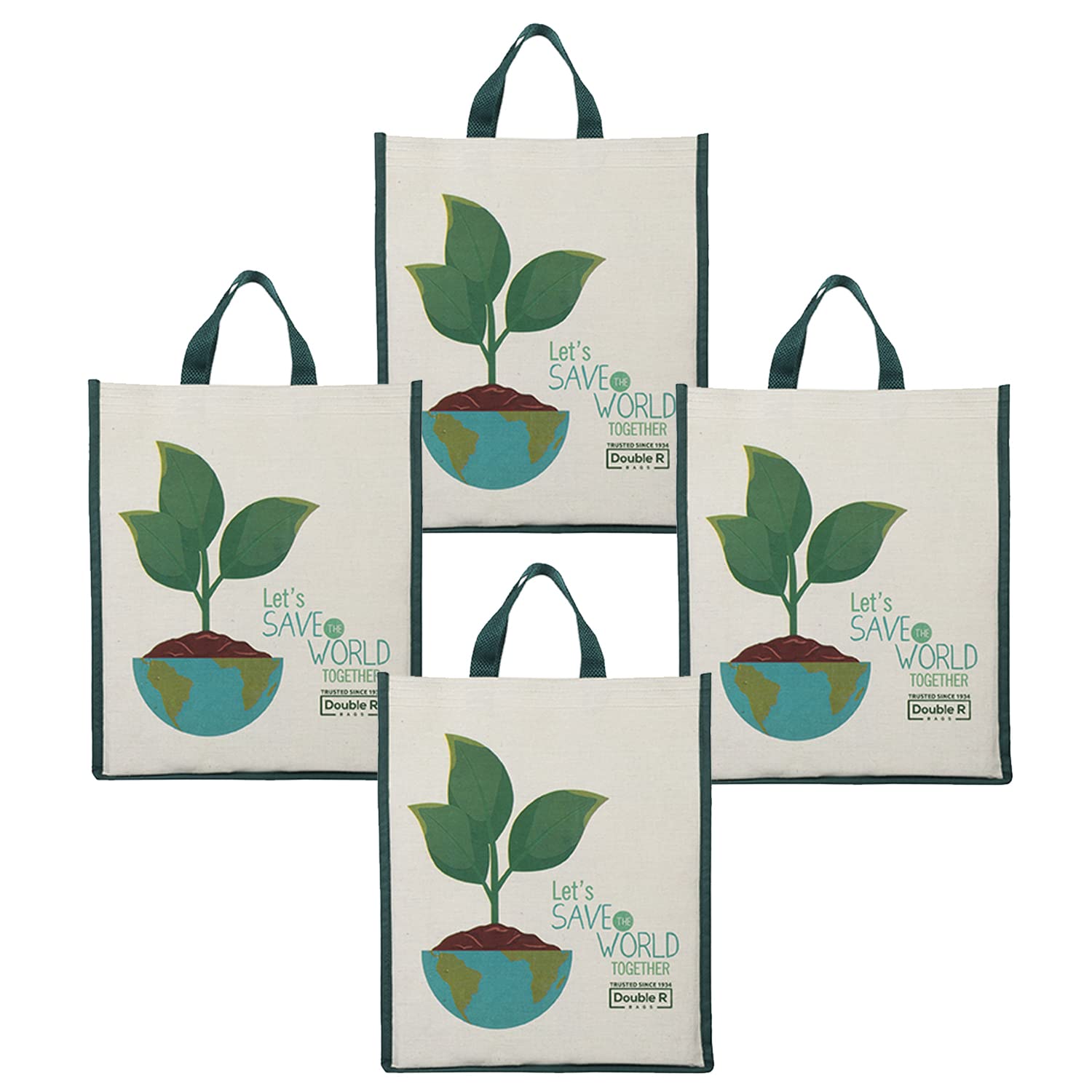 DOUBLE R BAGS Unisex Eco-Friendly Reusable Cotton Canvas Casual Bag with Reinforced Handles (Let Save, 40.6x35x10 cm) | Multi-Purpose Grocery, Kitchen Essentials, Fruits & Veggies Bag | Pack of 4