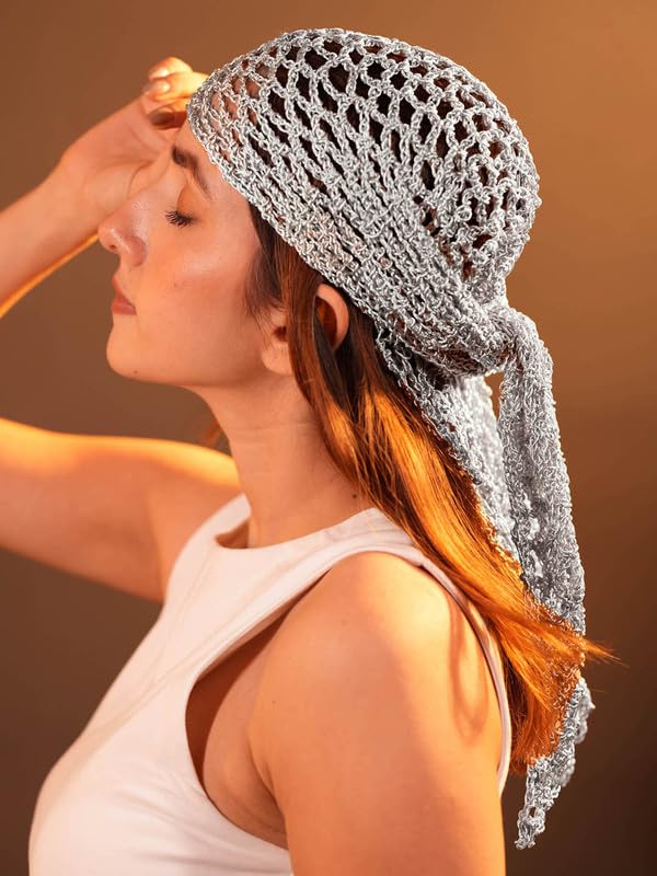 Hair Drama Co. Boho Crochet Scarf For Women | Medium Size Silver Crochet Headscarf | Bohemian Bandana Scarves | Metallic Thread Headband Scarfs for All Seasons