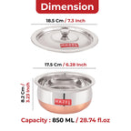 HAZEL Copper Bottom Handi Small 850 ml with Lid | Stainless Steel Cookware Handi | Copper Bottom Vessels for Cooking | Steel Utensils for Kitchen | Small Steel Vessels for Cooking