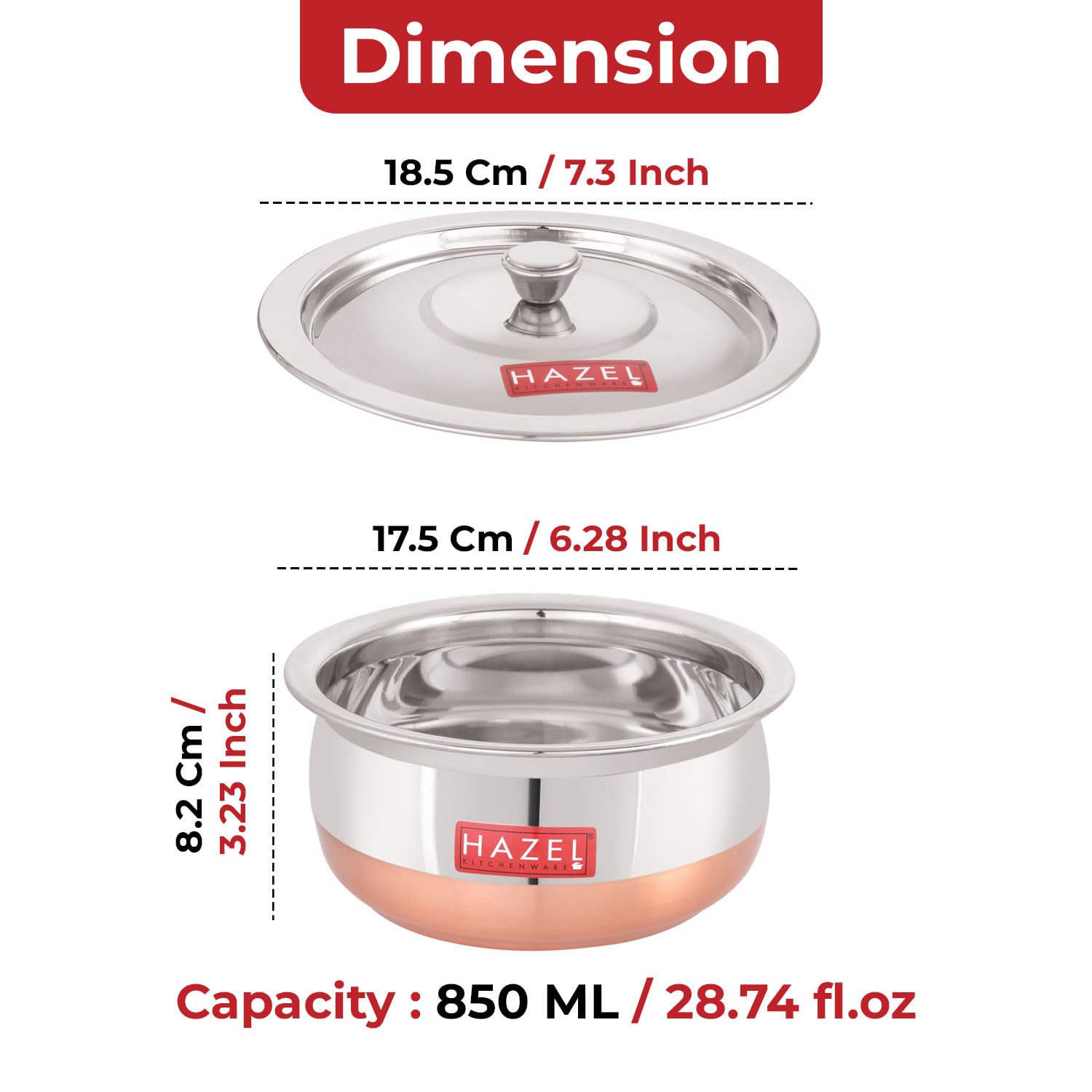 HAZEL Copper Bottom Handi Small 850 ml with Lid | Stainless Steel Cookware Handi | Copper Bottom Vessels for Cooking | Steel Utensils for Kitchen | Small Steel Vessels for Cooking