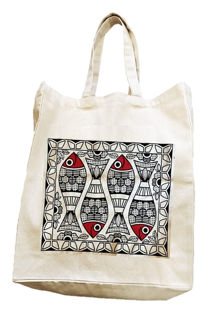 Arka Home Products Unisex-Adult Shopping Bag - Madhubani Fish Print - 100% Cotton, Reusable, Printed Canvas Bag, Off-White