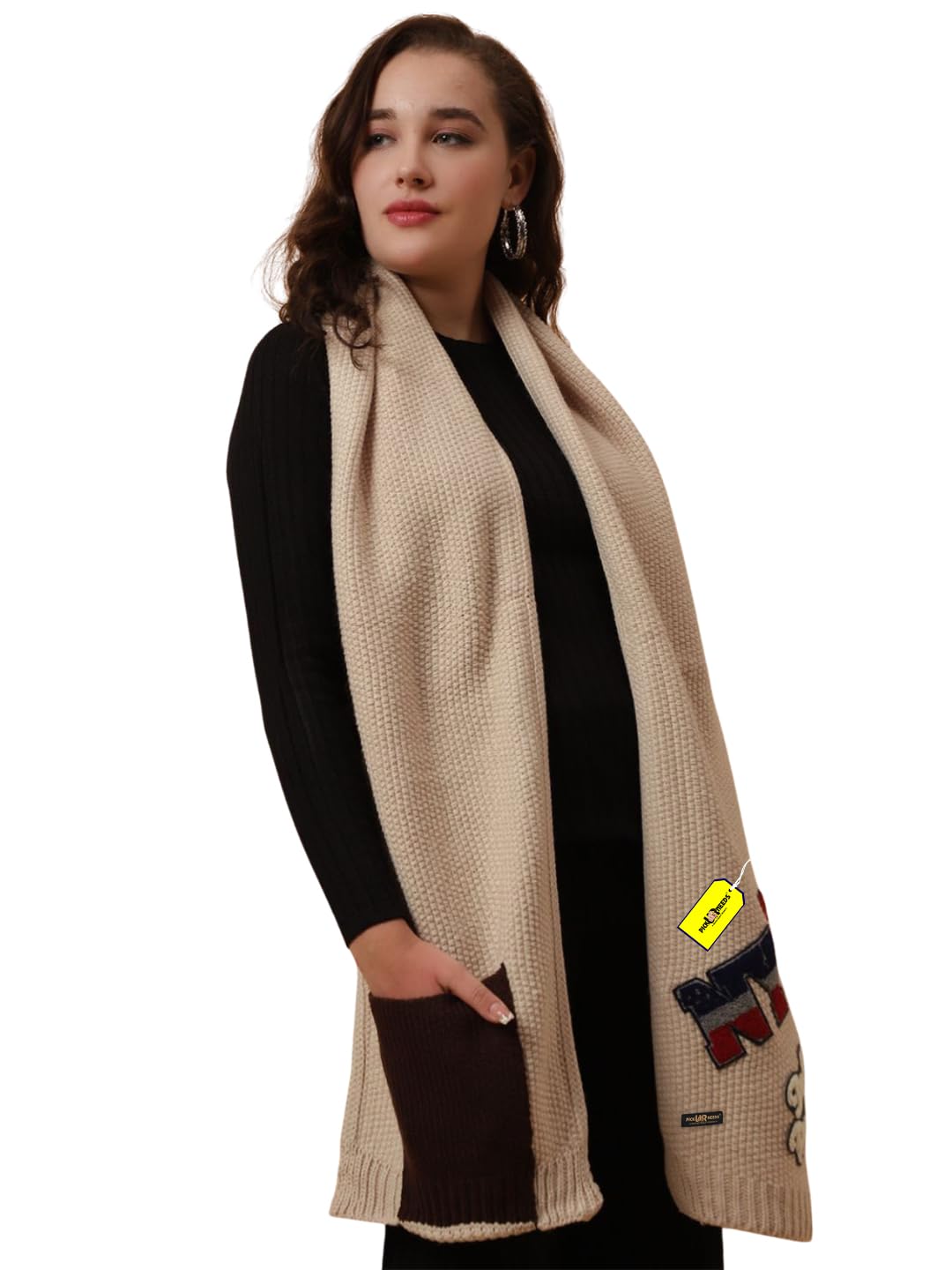 Pick Ur Needs Women Winter Woolen Muffler with Trendy Patch Design Soft Warm Knitted Scarf for Girls & Ladies Stylish Casual Mufflers (Cream)