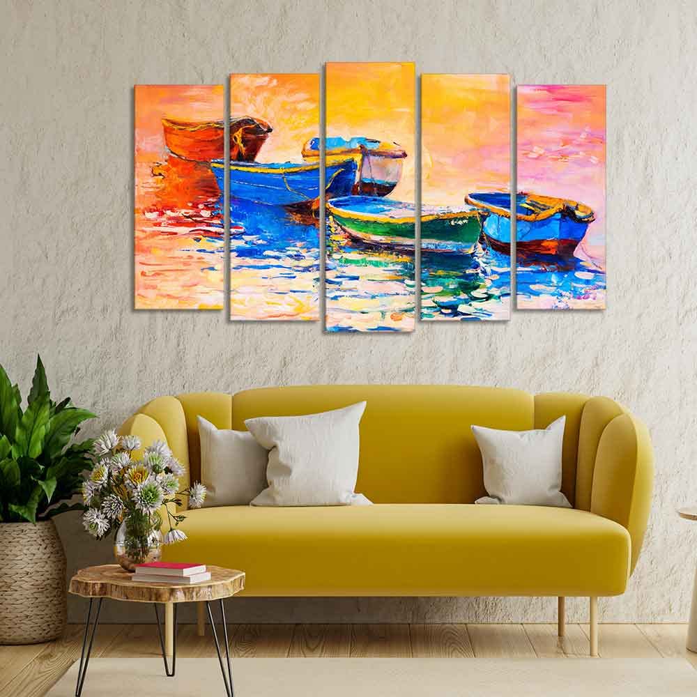 VIBECRAFTS Boats and Sunset Canvas Wall Painting Five Pieces Set of Five For Home|Office|Living Room|Gift (PTVC5Pcs2_6528)