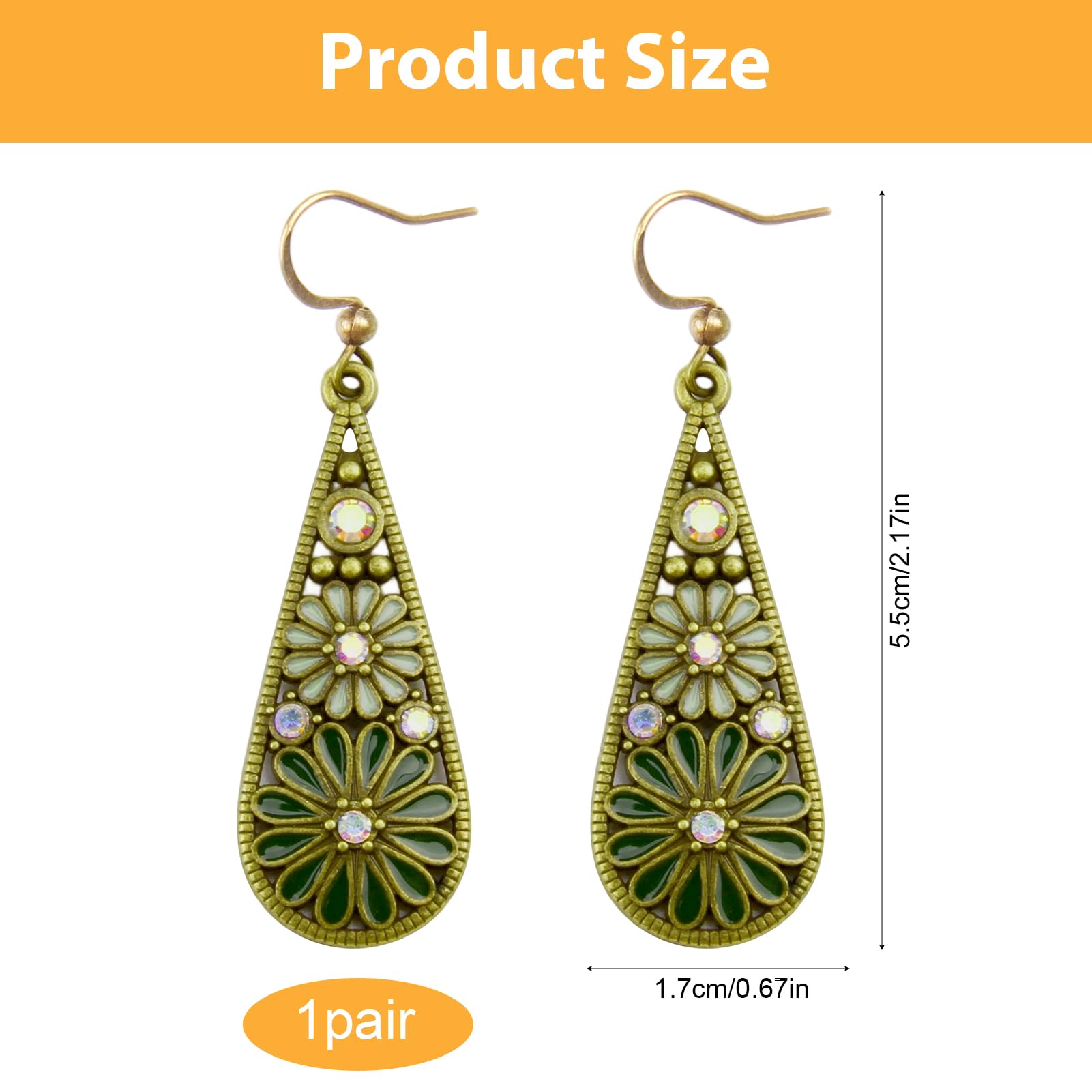 Bohemian Crystal Teardrop Pendant Earring,Vintage Olive Green Hollow Out Flower Floral Dangle Earrings,National Style Geometry Enamel Flower Hook Earrings,Handmade Ethnic Statement Jewelry for Women