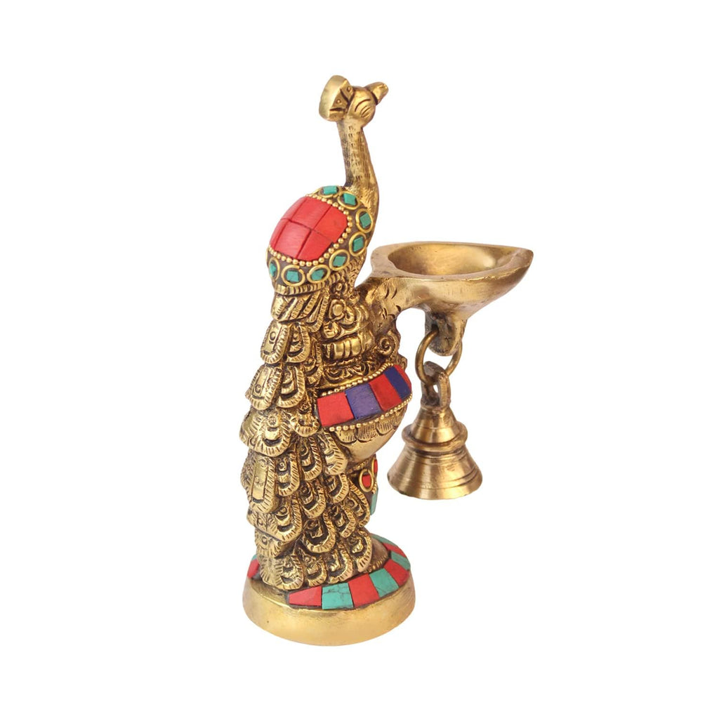 SVARUP Brass Ethnic Carved Peacock Design Brass Diya with Bell, Brass Antique Oil Lamp, Brass Diyas for Home.