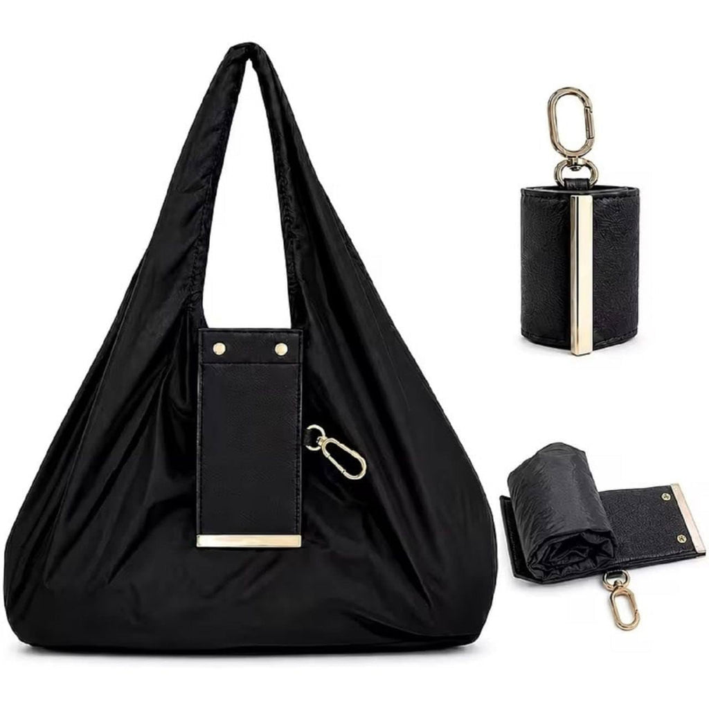 Denfy Foldable Tote Bag | Women Lightweight, Compact & Durable Handbag | Eco-Friendly Convertible Travel Tote with Detachable Golden Metal Keychain Loop & Vegan Leather Cover