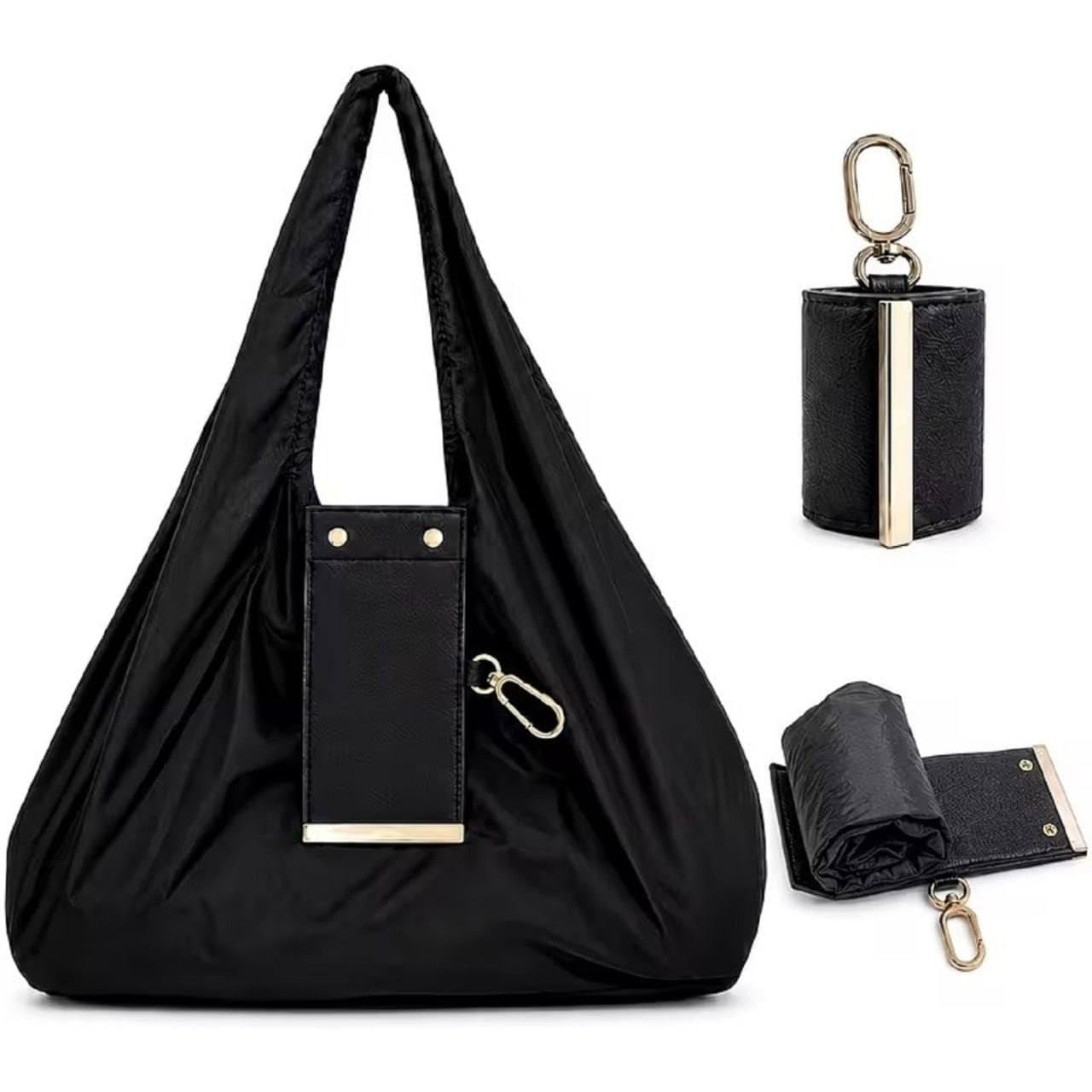 Denfy Foldable Tote Bag | Women Lightweight, Compact & Durable Handbag | Eco-Friendly Convertible Travel Tote with Detachable Golden Metal Keychain Loop & Vegan Leather Cover