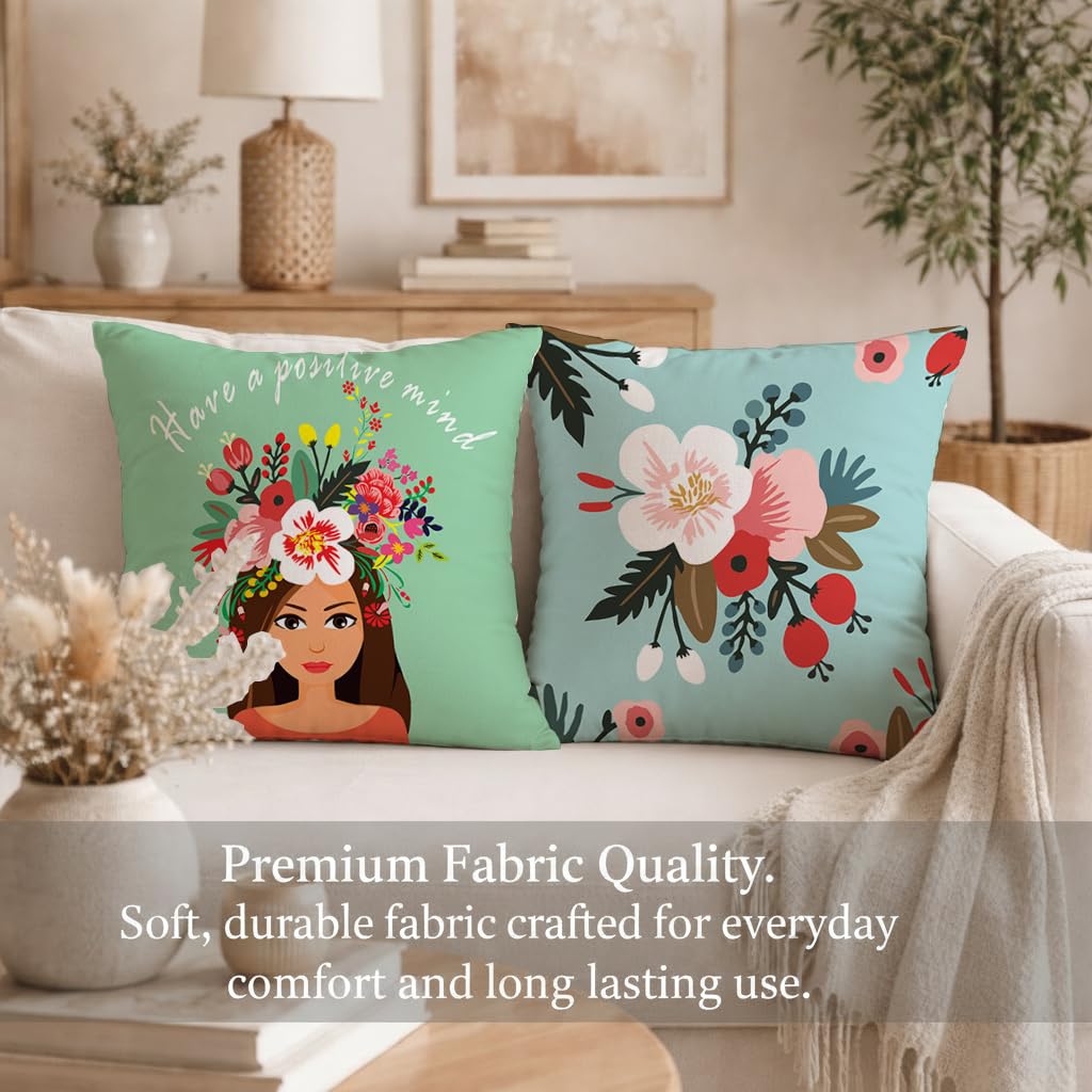 STITCHNEST Set of 2 Bloom & Positivity Collection Printed Jute Cushion Covers 16x16 Inches | Decorative Throw Pillow Covers for Sofa, Living Room, Bedroom | Perfect for Home Decor