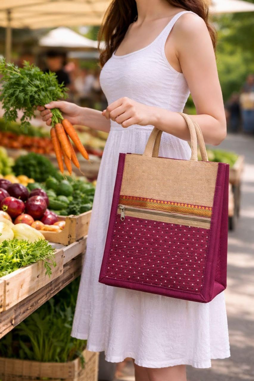 Printed Jute Tote Bag, Natural Jute Fabric, Vibrant Stick-Figure Print Design, Spacious Interior with Sturdy Handles, Lightweight Handbag for Daily Use, Shopping, Office, College, जूट बैग, 12 * 10,