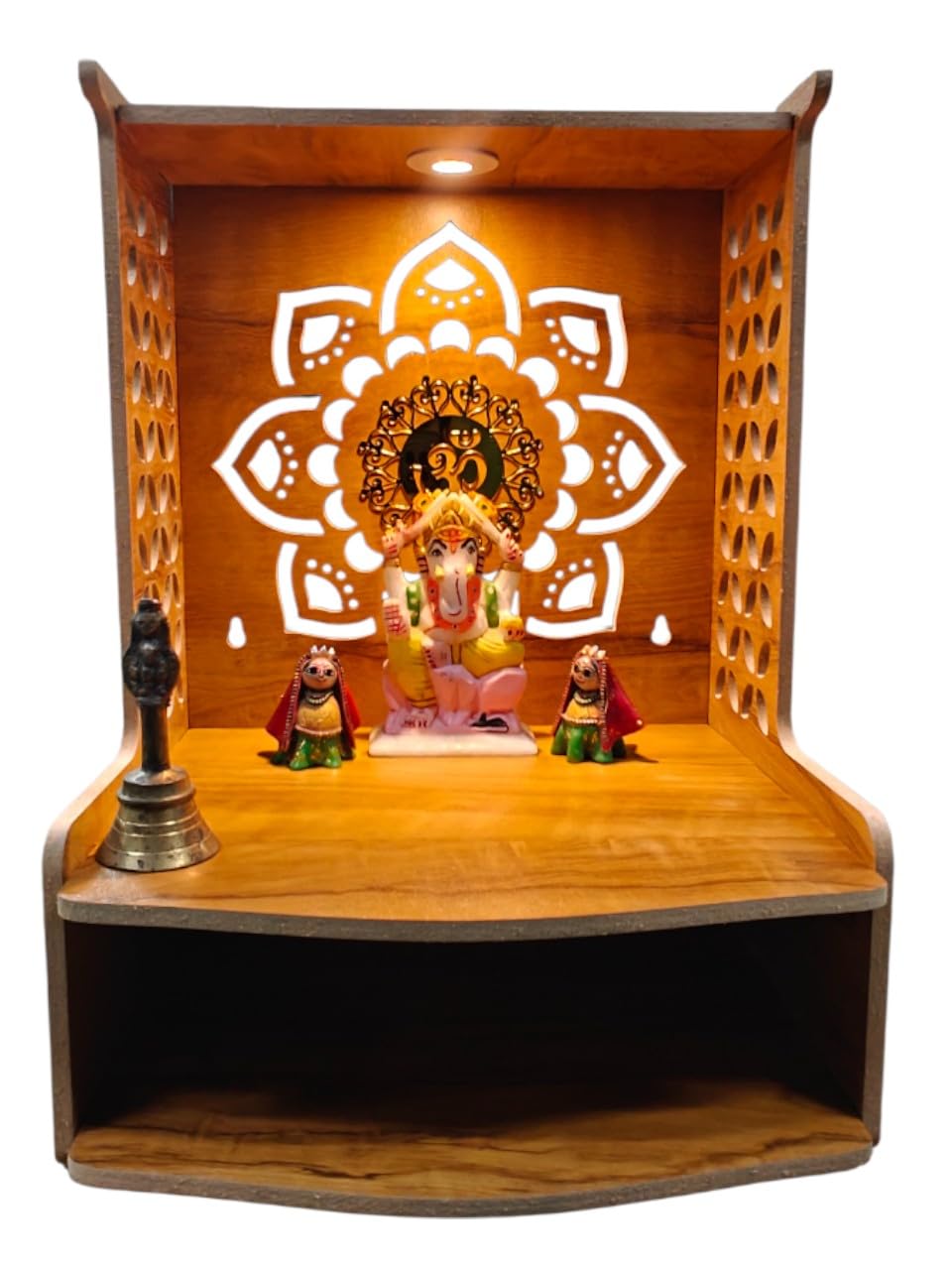 PIXELCRAFTS Wooden Temple Puja Mandir Art and Crafts Temple for Home, Shop, Office with LED SPOT Light (Size – H 15.5X L 11.5 x W 11 inch) (COACHWOODFLOWER)