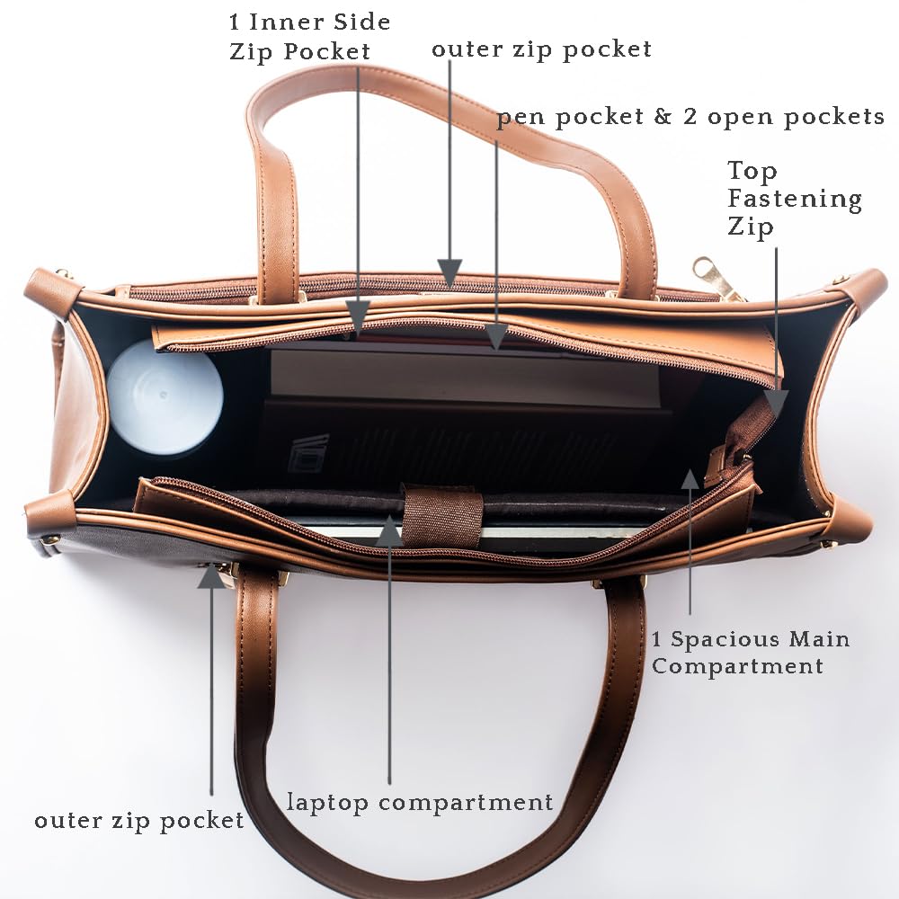 Strokes by Namrata Mehta Box Tote Bag for Women | Fits 16 Laptop | Large Tote Bag For Office Use and Work | Vegan Leather (Charcoal Caramel)