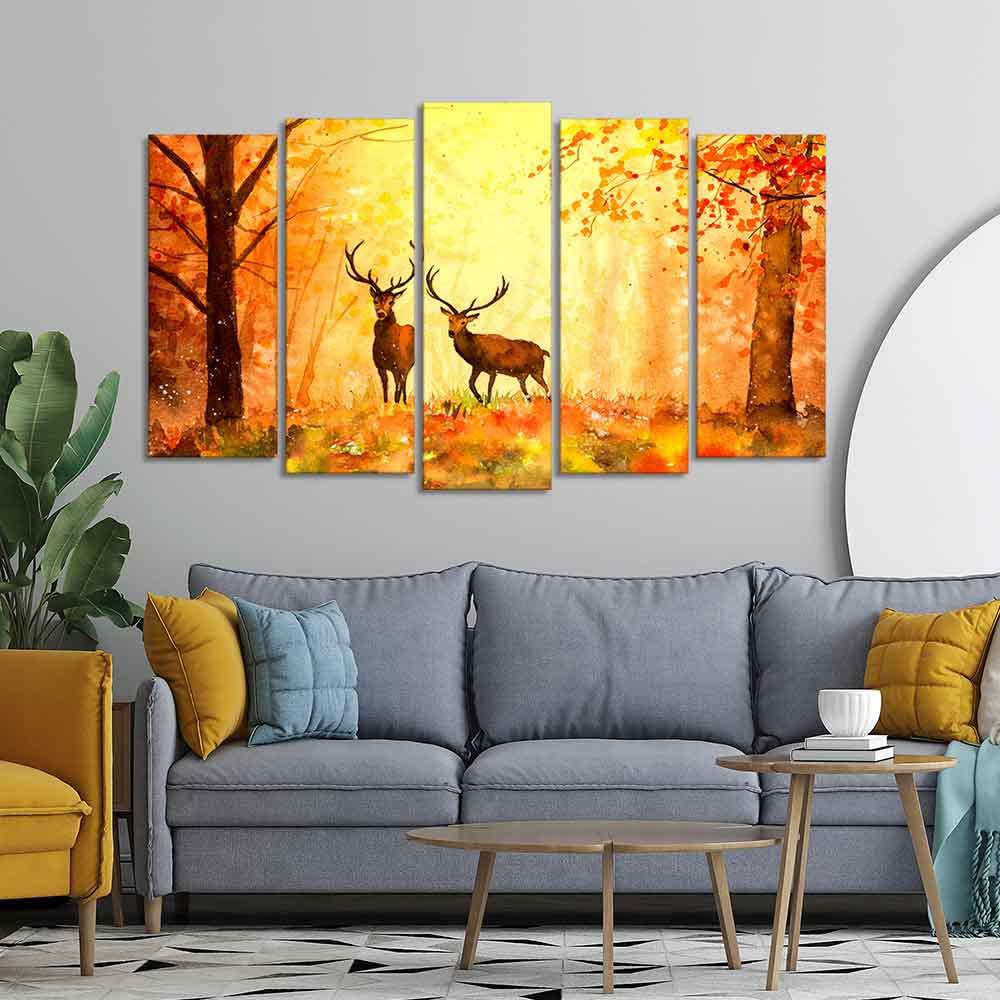 VIBECRAFTS Beautiful Forest Deer Canvas Wall Painting Set of Five For Home|Office|Living Room|Gift (PTVC5Pcs2_6548)
