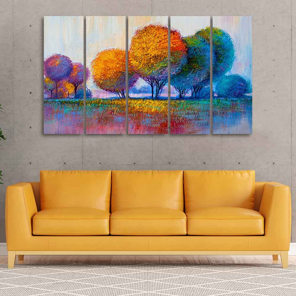 VIBECRAFTS Colorful Trees Premium Canvas Wall Painting of Five Pieces For Home|Office|Living Room|Gift (PTVC5Pcs4_8652)