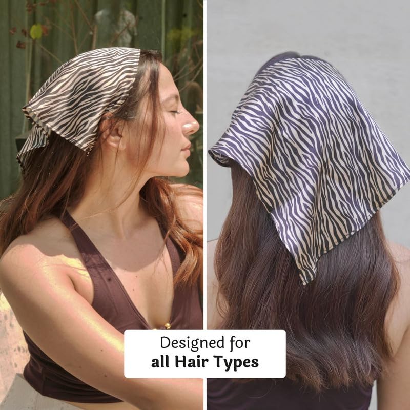 Hair Drama Co. Zebra Print Elastic Bandana Head Scarf for Women - Brown | Silk Satin Head Wrap Bandana Scarves | Boho Style Statement All Day Wear Headband Scarves | Hair Scarf Accessories