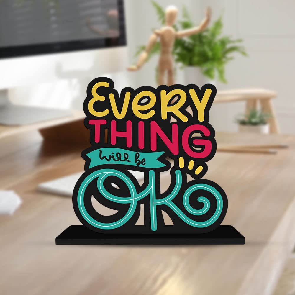 Artvibes Wooden Idols and Figurine Every Thing Will Be OK Inspirational Quote Table Decor for Office Desk | Home Decoration | Living Room | Bedroom | Wooden Showpiece Decorative Gift (SP_1111)