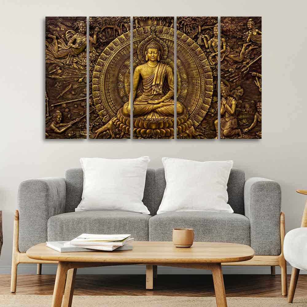 VIBECRAFTS Premium Canvas Wall Painting of Gautam Buddha of Five Pieces For Home|Office|Living Room|Gift (PTVC5Pcs4_8711)