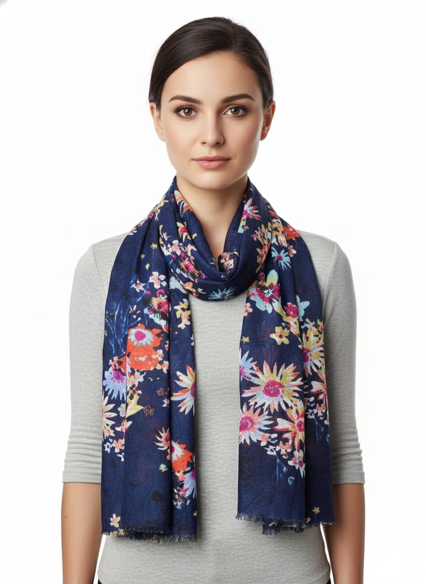 Fabtone Women’s Scarf/Stole | Navy Blue Floral Print | Soft Lightweight Fabric | 70x180 cm | All-Season Fashion Accessory | Stylish Women’s Wrap | Dust & Sun Protection
