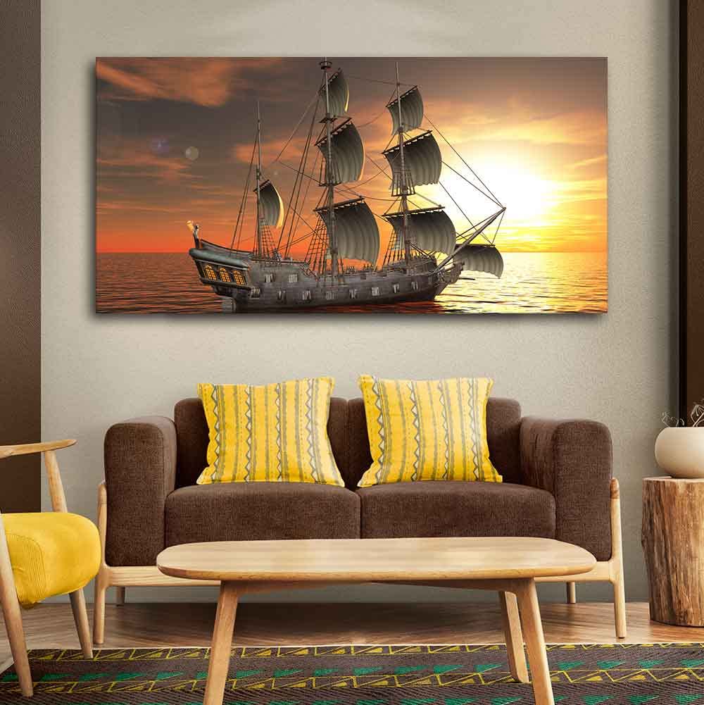 VIBECRAFTS Homcraft 3D Sailing Ship in Sunset Premium Canvas Wall Painting With Frame for Living Room Drawing Room Home|Office|Gift (PTVCH_2222)