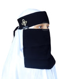 AL RIDHA Women's Babussalam Fabric Fashion Nosepiece One‑Layer Half Hijab Pendant Design Saudi Niqab for Muslim Women and Girls, Black (Gold Loop Pendant)