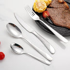 ANH MART Mirror Finish Silver Plated Stainless Steel Flatware Set Copper Silverware Set Rose Gold Spoon Color Cutlery Set [Dinner Fork-Tea Spoon-Salad Spoon-Knife] Set of (Silver DOT, 8)
