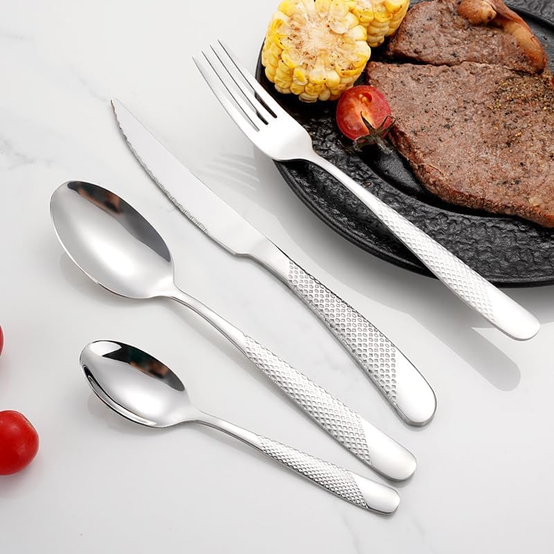 ANH MART Mirror Finish Silver Plated Stainless Steel Flatware Set Copper Silverware Set Rose Gold Spoon Color Cutlery Set [Dinner Fork-Tea Spoon-Salad Spoon-Knife] Set of (Silver DOT, 8)