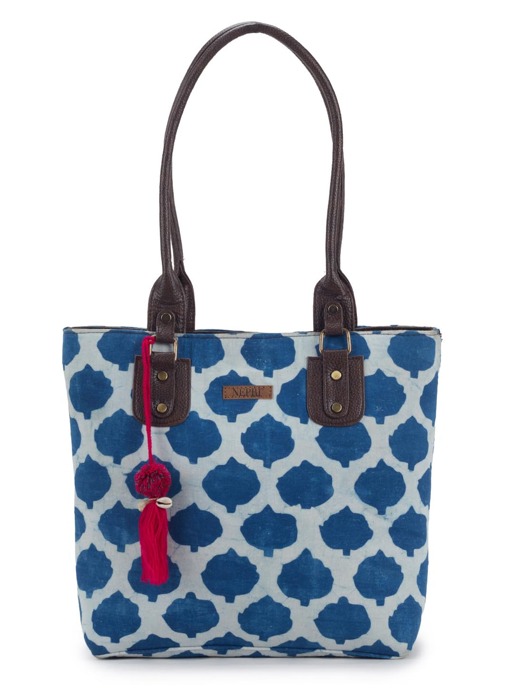 NEPRI Office Pouch Tote Bag | Stylish Set of 2 Tote Bags for Women| Vegan Leather & Handblock Printed Fabric Handbag with Double Handle Shoulder Strap| Daily & Travel Use | WPT-006-17