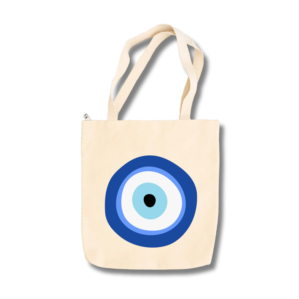 snapiq COTTON 350 GSM Canvas Tote Bag for Women and Girls Thick Fabric with Zipper (Beige, Evil Eye)