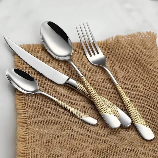 ANH MART Mirror Finish Gold Plated Stainless Steel Flatware Set - Copper Silverware Rose Gold Cutlery [Dinner Fork, Tea Spoon, Salad Spoon, Knife] (Golden DOT, 12)