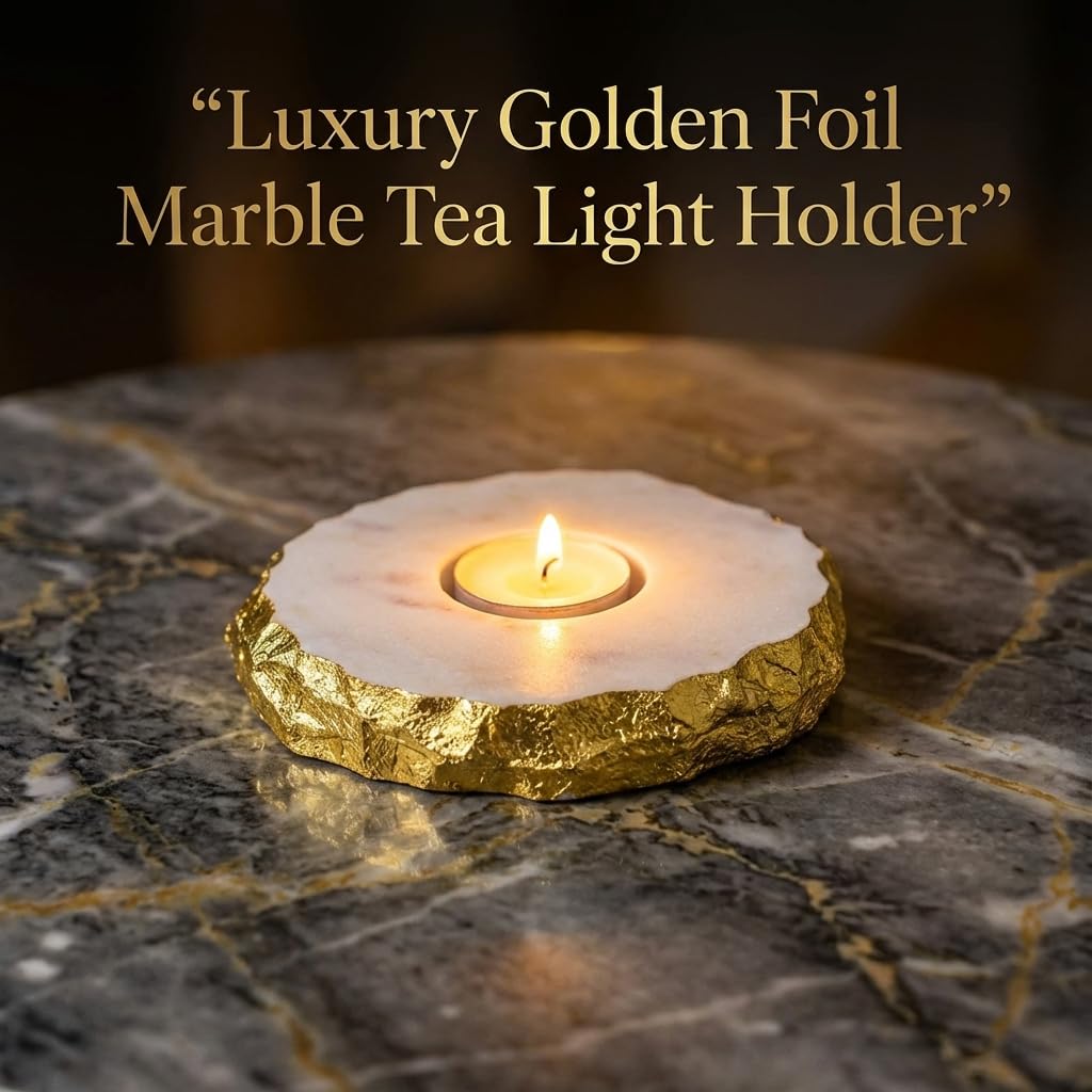 House OF Wemy Golden foil Marble Tea Light Holder/Luxury Candle Holder for Home Decor and Candle Light Dinner/Handcrafted by Indian Artisans/Festive Gifting - Pack of 1