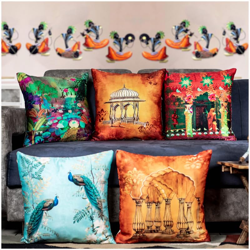 Vendola Decorative Satin Sofa Cushion Covers Set of 5, 24 Inch x 24 Inch, Sofa Pillow Cover, Ethnic Festive, Multicolor, Temple, Peacock, Rajasthani Design Zipper Closure (Vivid, 24X24 Inches)