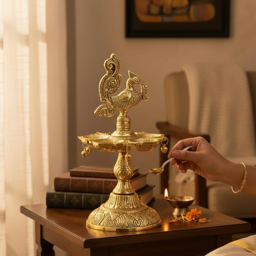 Kridaykraft Metal Peacock Diya Samai Oil Lamp, Gold Finish, Traditional Indian Decor, 19 cm Height, 270 gm, Handcrafted Design