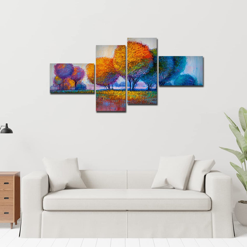 VIBECRAFTS Beautiful Colorful Trees 4 Pieces Canvas Wall Painting Fitted With Wooden Frame For Home | Office | Living Room | Gifts (PTVC4Pcs3_15504)