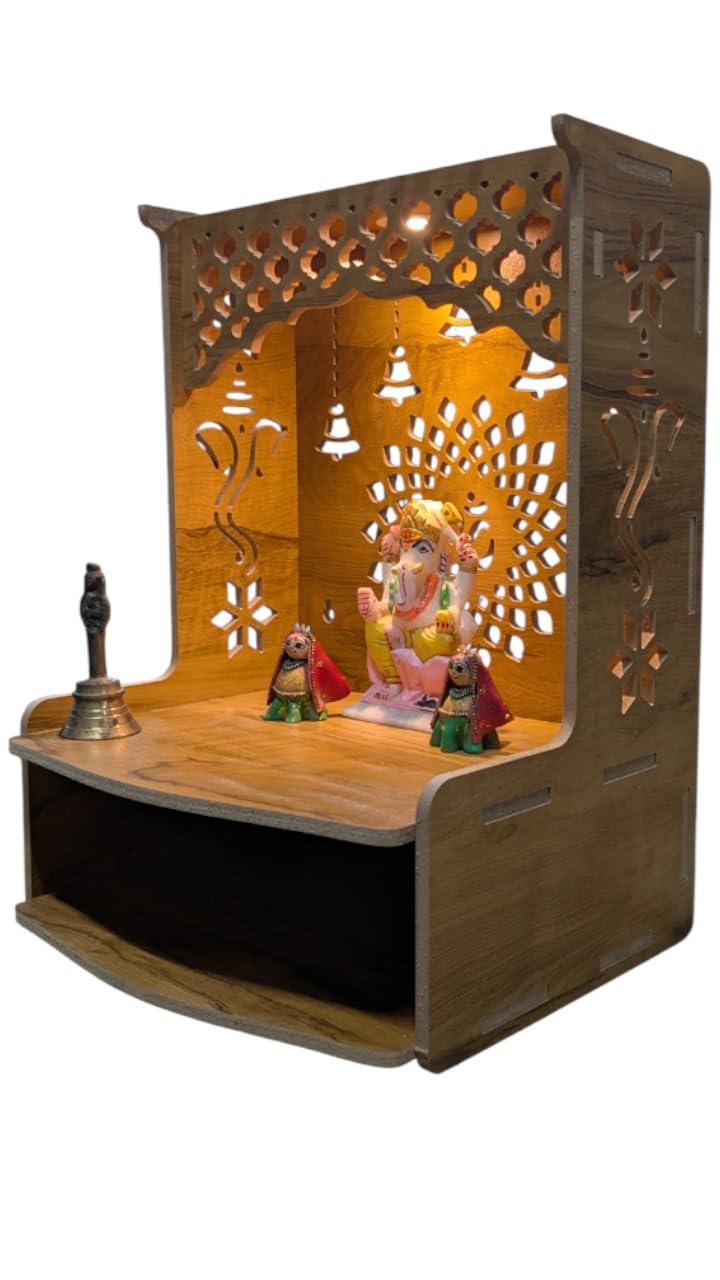 PIXELCRAFTS Wooden Temple Puja Mandir Art and Crafts Temple for Home Shop Office with LED SPOT Light. (Size – H 15.5X L 11.5 x W 11 inch)