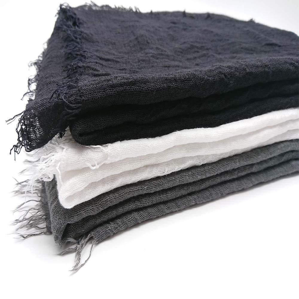 XRDSS Summer Cotton Blend Crinkle Vintage Soft Scarf with Fringed Edges 35 × 70, Black, One Size
