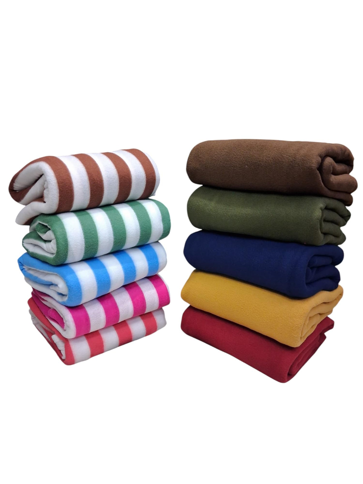 MAMRAJ Stylish Polar Fleece Single Bed Super Soft Micro Fleece Blanket - 58x88 Inch || Skin Friendly || Multicolour || Set of 10 || (5 Plain + 5 Stripes) Kafalo