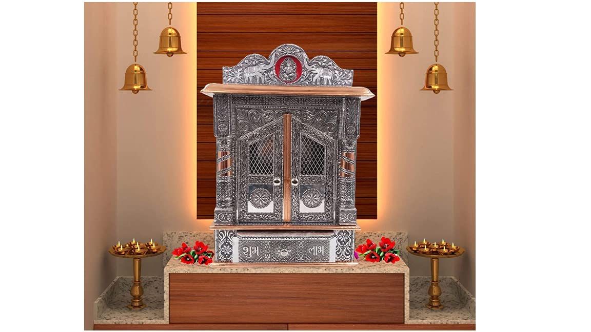 Pooja Temple for Home X Large Size | Modern Wooden Mandir for Pooja Room with Oxidised Design | Premium Puja Ghar Dev Ghar Mandap for Home Office Prayer Room | Handcrafted Wooden Temple