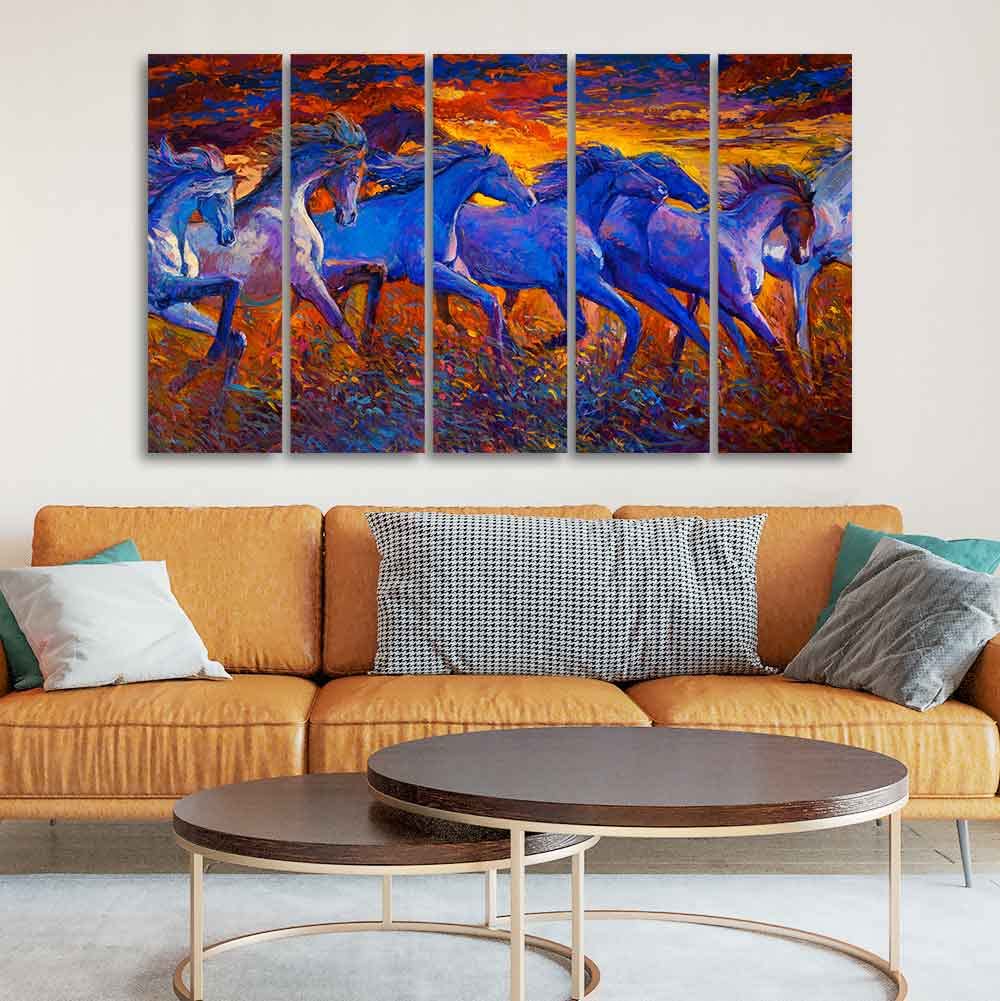 VIBECRAFTS Seven Horse Running in Field Five Pieces Canvas wall Painting For Home|Office|Living Room|Gift (PTVC5Pcs4_8622)