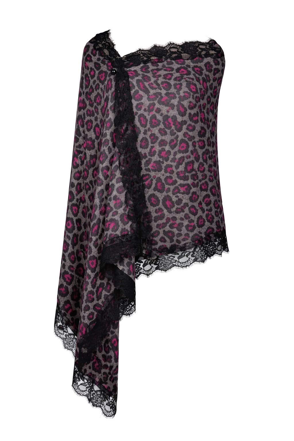 VIC Cashmere Fine Wool Leopard Print Shawl for Women – Grey & Pink Designer Wrap with 4-Side Lace Border, Soft Lightweight Fashion Stole, Elegant Winter Shawl, 70 x 200 cm | VIC-CFW-DP7204
