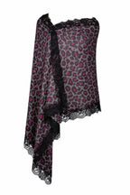 VIC Cashmere Fine Wool Leopard Print Shawl for Women – Grey & Pink Designer Wrap with 4-Side Lace Border, Soft Lightweight Fashion Stole, Elegant Winter Shawl, 70 x 200 cm | VIC-CFW-DP7204
