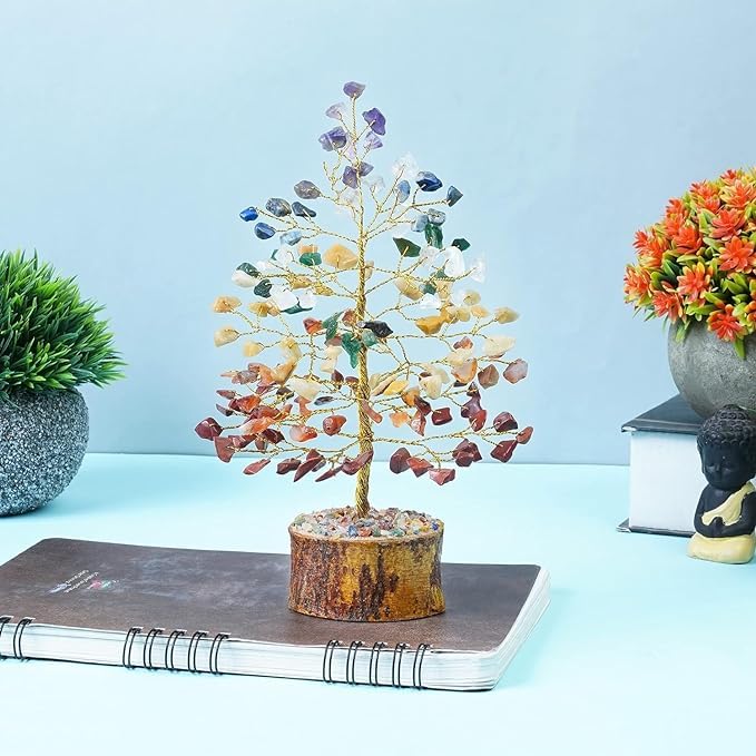 TREE MAISON CORONATING HOMES Crystal Seven Chakra Tree | Size 9-10 Inch Approx | 100 Beads | Multicolor Golden Wire Bonsai Money Tree with Crystals & Gemstones | Perfect Home Décor & Gift Item |