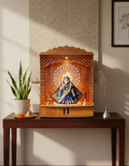 Bien Verrerie Wooden Home Temple with LED Light, 5.2mm MDF Wood, Om Symbol Design, 20x15x7.6 Inches, Storage Shelf Door, Pooja Mandir for Home and Office