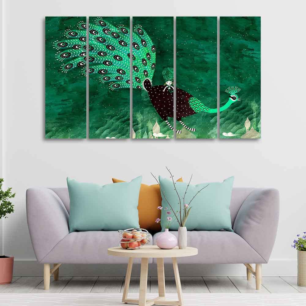 VIBECRAFTS Abstract Art Peacock Canvas Wall Painting of 5 Pieces For Home|Office|Living Room|Gift (PTVC5Pcs4_8611)