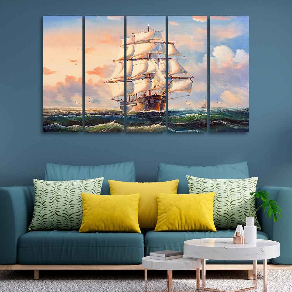 VIBECRAFTS Amazing Sailing Ship Wall Painting of Five Pieces For Home|Office|Living Room|Gift (PTVC5Pcs4_8630N)