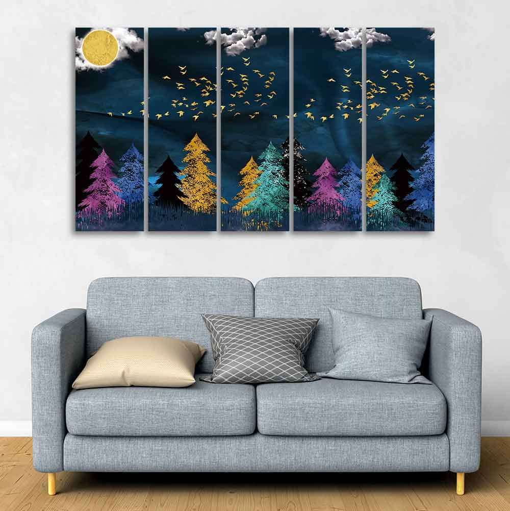 VIBECRAFTS Five Pieces Wall Painting of Golden Birds Flying over The Dark Forest For Home|Office|Living Room|Gift (PTVC5Pcs4_8717)