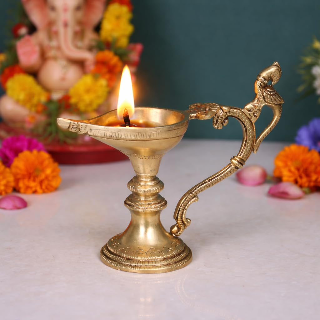 Artvarko Brass Peacock Diya with Stand for Pooja Light for Home Décor Diwali Arti Table Mandir Diffuser Jyoti Temple 6 Inches