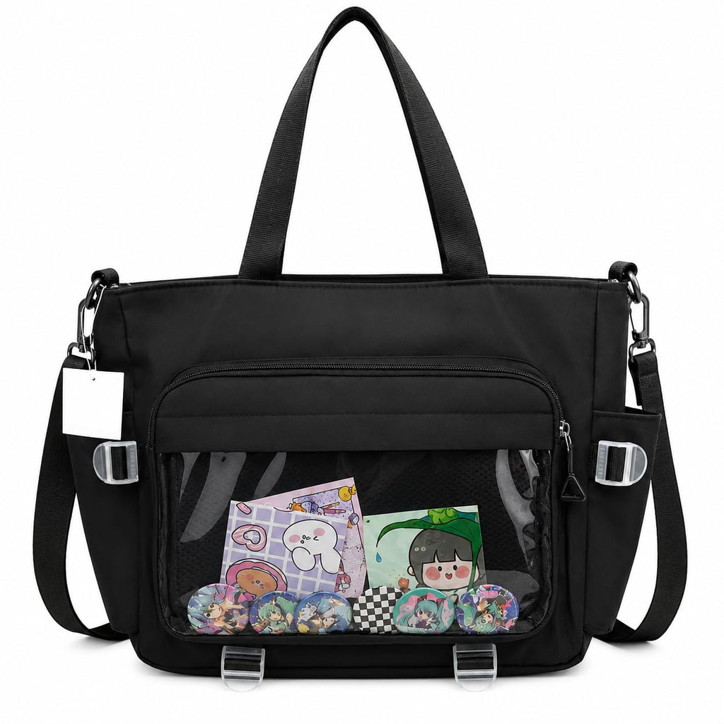 YUNICRON MAX Ita Tote Bag with Clear Window Pocket, Black Nylon