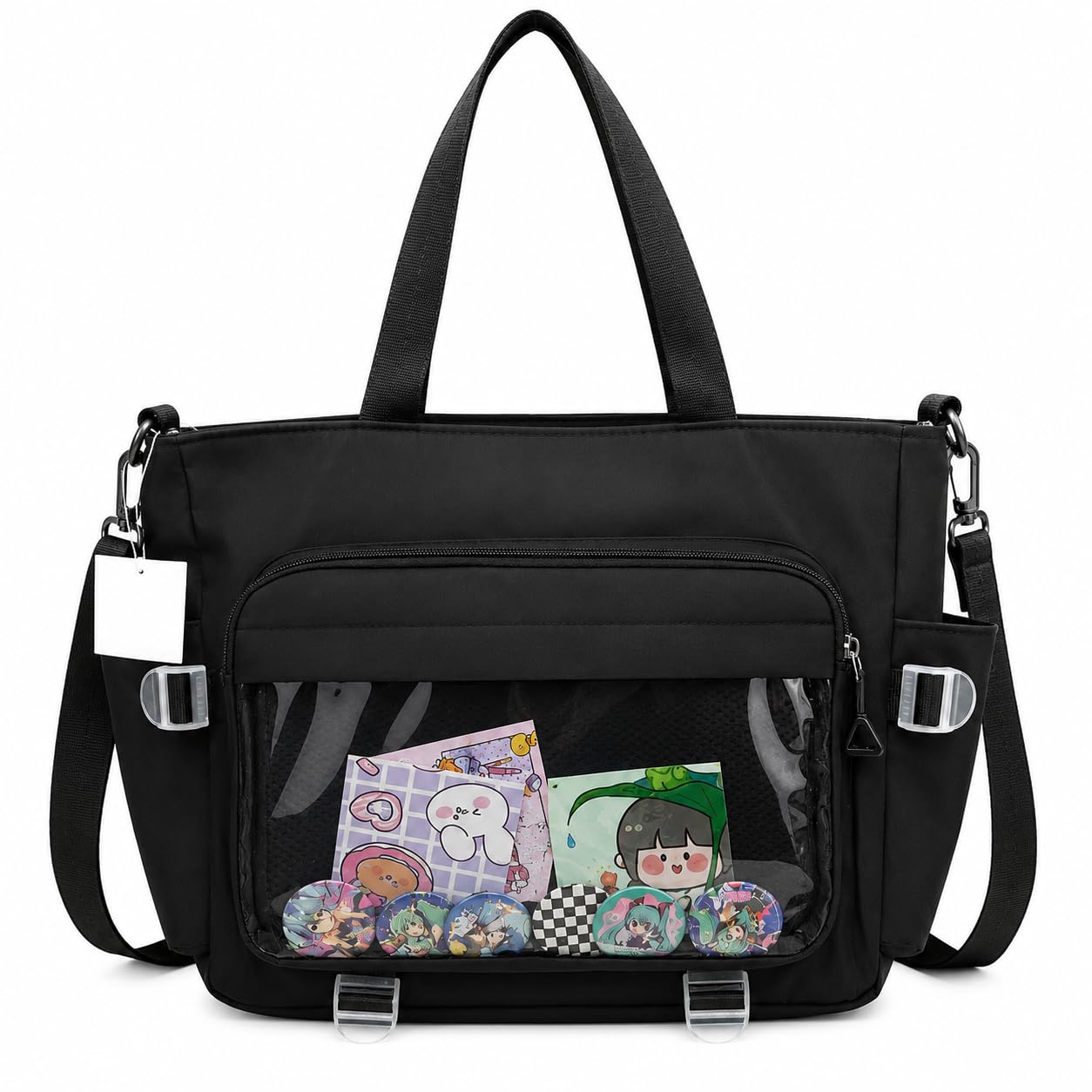 YUNICRON MAX Ita Tote Bag with Clear Window Pocket, Black Nylon
