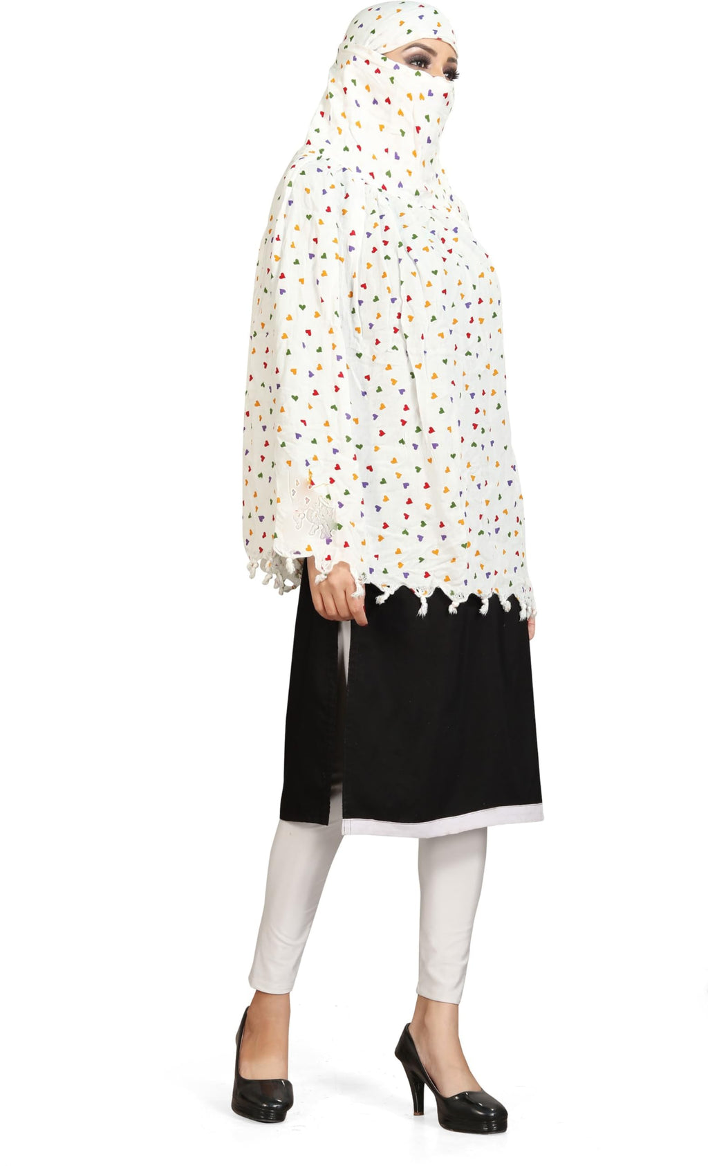 Sclout Soft Cotton Breathable Sun Protection Scarf Dupatta Usable for vehicle Driver | White Printed Design Stoles | Universal Size | For Girl & Women | Light Weight (Scarf - Heart)